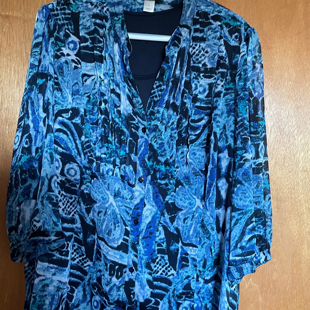 Christopher & Banks Blue and Black Patterned Blouse